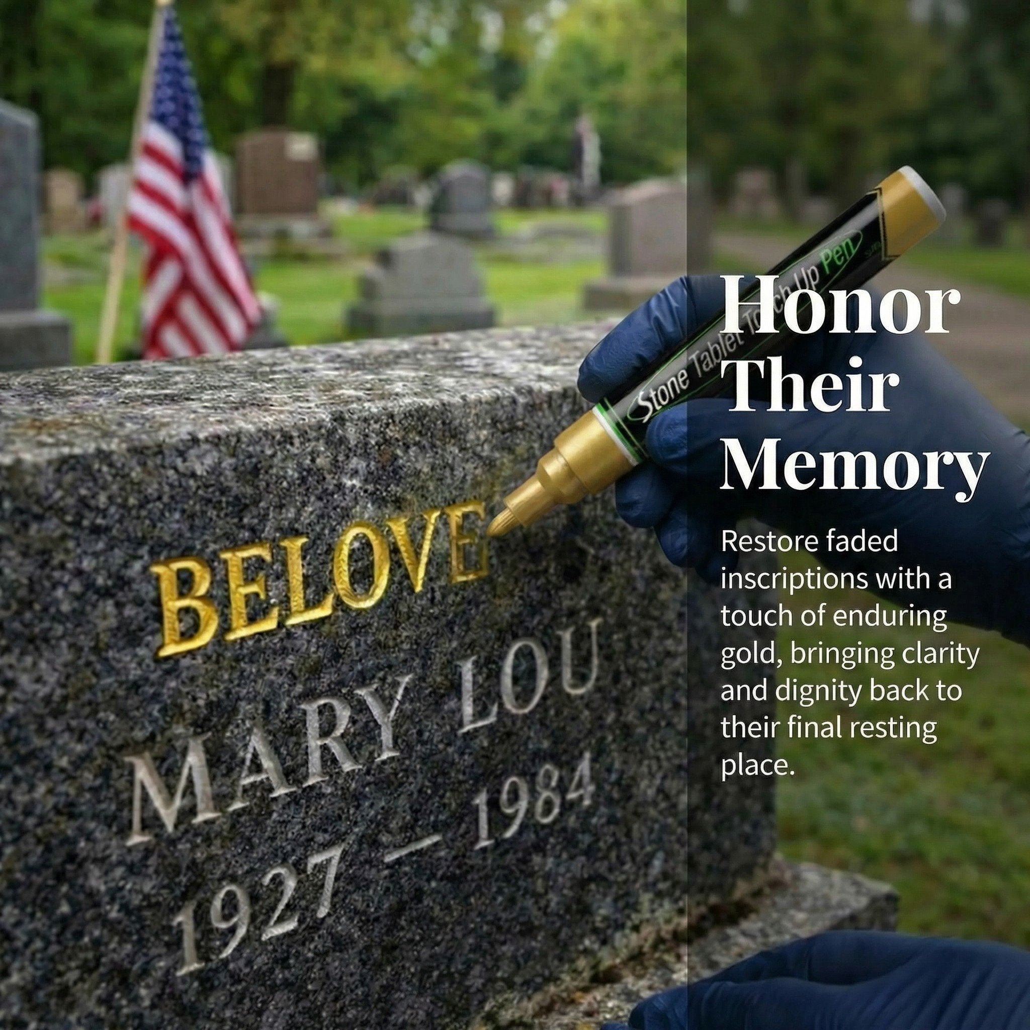 Rotulador dorado para lápidas, ideal para restaurar inscripciones descoloridas en tumbas